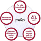 Stridex Medicated Acne Pads, Maximum, 55 Count  Facial Cleansing Wipes, Alcohol Free Face Pads, Acne Treatment for Face, For Moderate Acne, Smooth Application