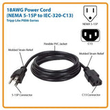 Tripp Lite Standard Computer Power Cord 10A,18AWG (NEMA 5-15P to IEC-320-C13) 6-ft.(P006-006) 373320133926  [New]