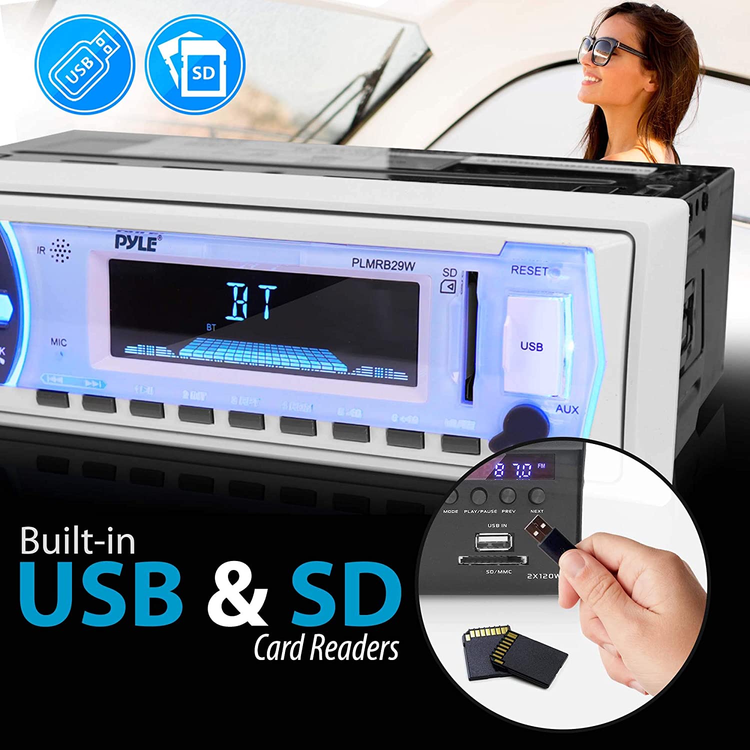 Pyle Marine Bluetooth Stereo Radio - 12v Single DIN Style Boat In dash  Radio Receiver System with Built-in Mic, Digital LCD, RCA, MP3, USB, SD, AM  FM